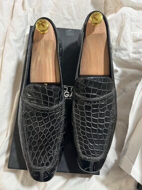 Black Croc-Embossed Leather Slip-On Loafers